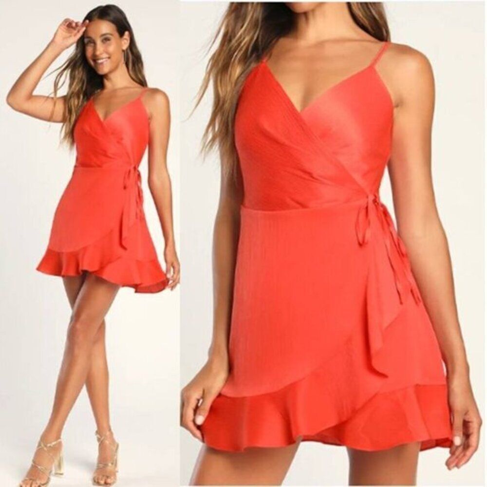 Lulus Satin Wrap Mini Dress Women's Ruffled Hem Bodice Cocktail Red Large $79